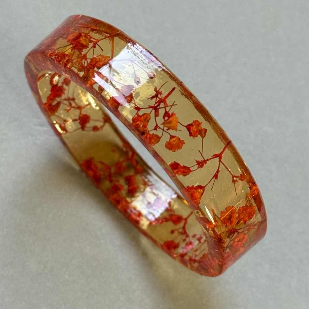 ARTISAN Bracelet Bangle Orange Resin with Dried Flowers Bohemian 7-3/4" - Picture 2 of 6